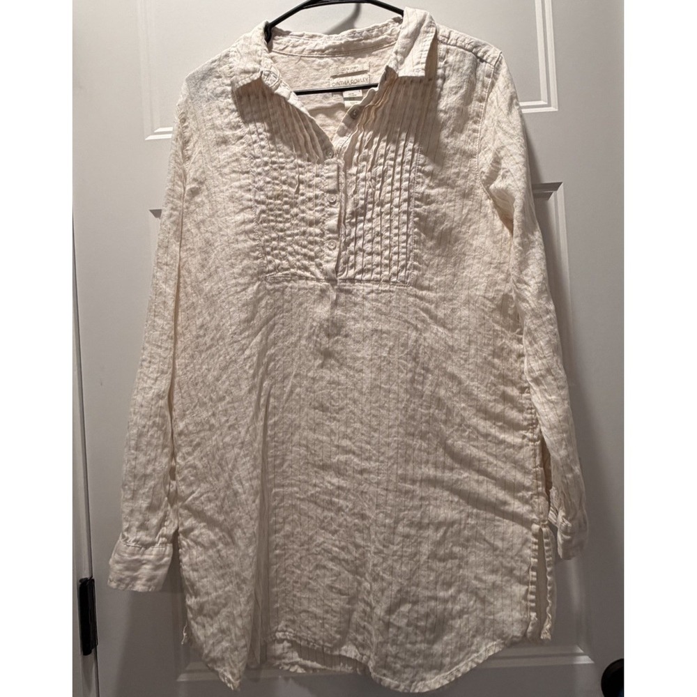 Cynthia Rowley 100% Linen Tunic Shirt Medium Ivory Yellow Stripe Pleated Front